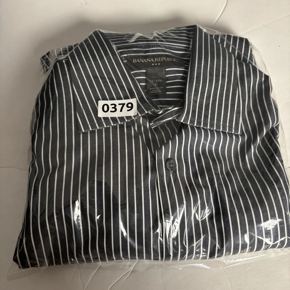Banana Republic Non-Iron Slim Fit Black White Striped Dress Shirt Mens XL